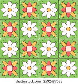 Tile seamless pattern design with colorful motifs background.