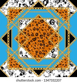 Tile seamless pattern with golden chain with animal skin background for fabric. Trendy repeating leopard print.