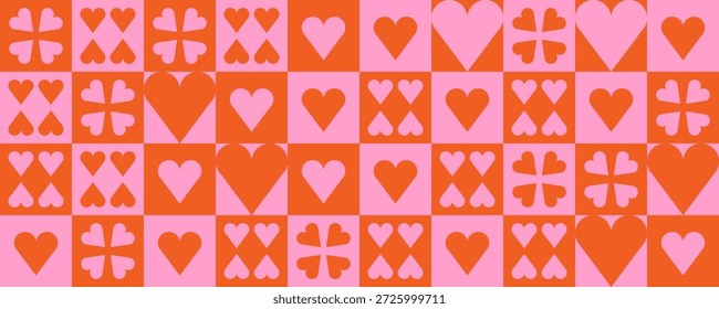 Patrón de azulejos sin fisuras con corazones sobre un fondo a cuadros. Ilustración retro moderna para decoración. Estampado de Vector estético en estilo años 60, 70.