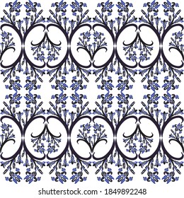 Tile seamless pattern of iris flowers blue color. Vector ornament, fabric, Wallpaper