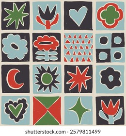 Tile - seamless pattern in naive style. Cute doodle illustrations. Grunge texture.