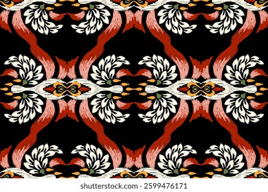 Tile seamless pattern on black background,tile floral seamless pattern,Ikat floral seamless pattern,Aztec style,Spanish motif embroidery.design for texture,fabric,clothing,wrapping paper,decoration.