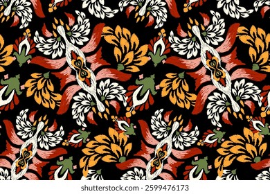 Tile seamless pattern on black background,tile floral seamless pattern,Ikat floral seamless pattern,Aztec style,Spanish motif embroidery.design for texture,fabric,clothing,wrapping paper,decoration.