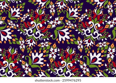 Tile seamless pattern on purple background,tile floral seamless pattern,Ikat floral seamless pattern,Aztec style,Spanish motif embroidery.design for texture,fabric,clothing,wrapping paper,decoration.