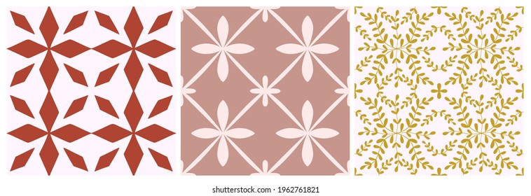 Tile seamless pattern set. Vector geometric background. Traditional moroccan, portugal print design. Graphic pattern for ceramic, floor, wallpaper. Abstract square ornament in pastel light color.