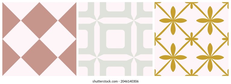 Tile seamless pattern set. Vector geometric background. Traditional moroccan, portugal print design. Graphic pattern for ceramic, floor, wallpaper. Abstract square ornament in pastel light color.