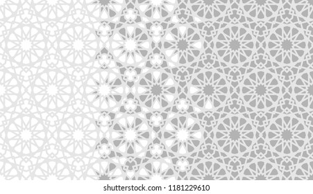 Tile seamless vector pattern. Geometric halftone background with grey arabesque disintegration or breaking