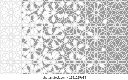 Tile seamless vector pattern. Geometric halftone background with grey arabesque disintegration or breaking