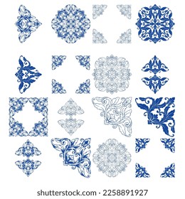 Tile seamless vector pattern, Lisbon navy blue retro tiles design collection. Ornamental indigo background inspired by Spanish and Portuguese traditional geometric tiles with flower.