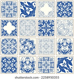 Tile seamless vector pattern, Lisbon navy blue retro tiles design collection. Ornamental indigo background inspired by Spanish and Portuguese traditional geometric tiles with flower.