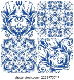 Tile seamless vector pattern, Lisbon navy blue retro tiles design collection. Ornamental indigo background inspired by Spanish and Portuguese traditional geometric tiles with flower.