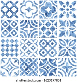 Tile seamless watercolor pattern. Blue and white patchwork style ornament. Hand made paint on paper. Print for textiles. Vector illustration.