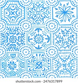 Tile seamless watercolor pattern. Blue and white patchwork style ornament. Hand made paint on paper. Print for textiles.