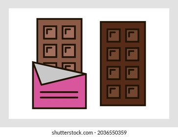Tile set dark chocolate bar bitten by pieces. Vector illustration of empty packaging for filling and other food design elements. A bright dessert for children's wallpaper.