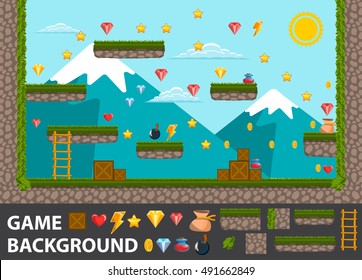 Tile set flat vector game background with sun and mountains