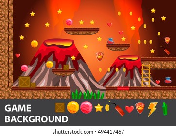 Tile set for Game flat decorations with volcano background
