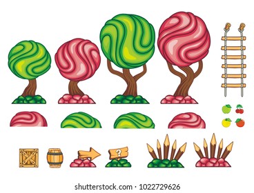 Tile set Platform for Game - A set of vector game asset, contains ground tiles 
and several items / objects / tree/ decorations,
used for creating mobile games