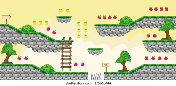 Tile set Platform for Game - A set of vector game asset, contains ground tiles  and several items / objects / decorations, used for creating mobile games