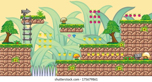 Tile set Platform for Game - A set of vector game asset, contains ground tiles  and several items / objects / decorations, used for creating mobile games