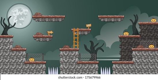 Tile set Platform for Game - A set of vector game asset, contains ground tiles  and several items / objects / decorations, used for creating mobile games