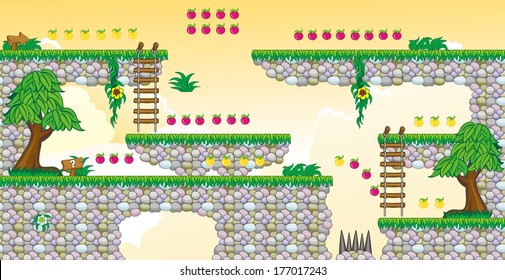 Tile set Platform for Game - A set of vector game asset, contains ground tiles  and several items / objects / decorations, used for creating mobile games