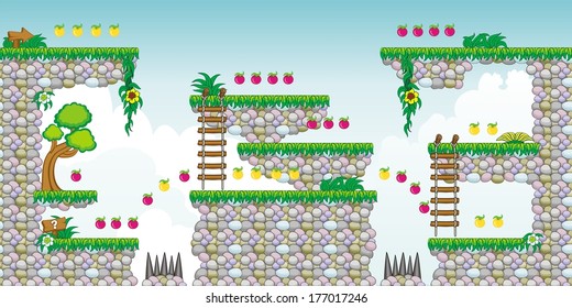 Tile set Platform for Game - A set of vector game asset, contains ground tiles  and several items / objects / decorations, used for creating mobile games
