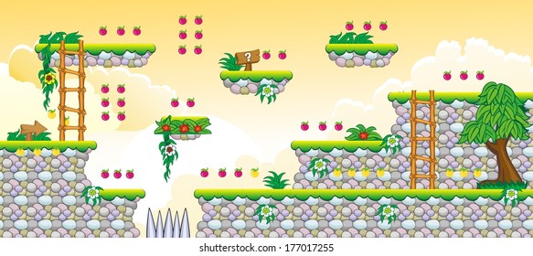 Tile set Platform for Game - A set of vector game asset, contains ground tiles  and several items / objects / decorations, used for creating mobile games