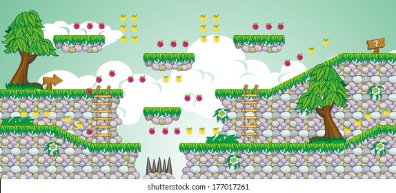 Tile set Platform for Game - A set of vector game asset, contains ground tiles  and several items / objects / decorations, used for creating mobile games