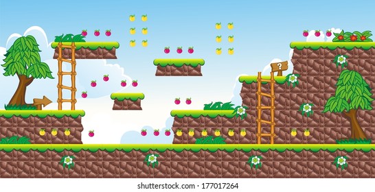 Tile set Platform for Game - A set of vector game asset, contains ground tiles  and several items / objects / decorations, used for creating mobile games