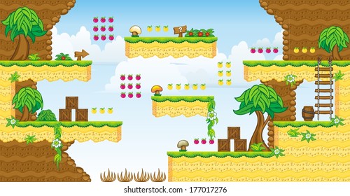 Tile set Platform for Game - A set of vector game asset, contains ground tiles  and several items / objects / decorations, used for creating mobile games