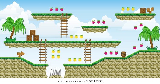 Tile set Platform for Game - A set of vector game asset, contains ground tiles and several items / objects / decorations, used for creating mobile games