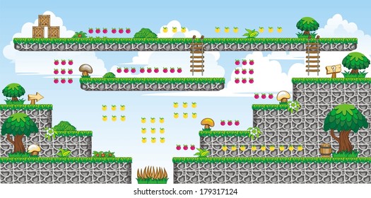 Tile set Platform for Game - A set of vector game asset, contains ground tiles and several items / objects / decorations, used for creating mobile games