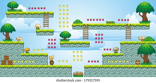 Tile set Platform for Game - A set of vector game asset, contains ground tiles and several items / objects / decorations, used for creating mobile games 
