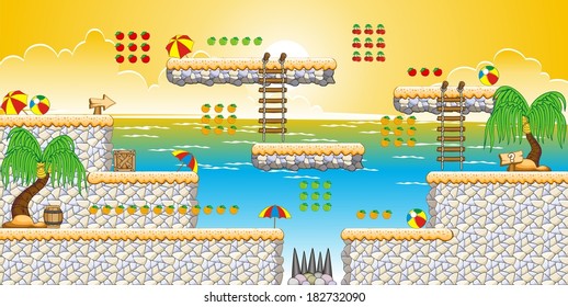 Tile set Platform for Game - A set of vector game asset, contains ground tiles and several items / objects / decorations, used for creating mobile games