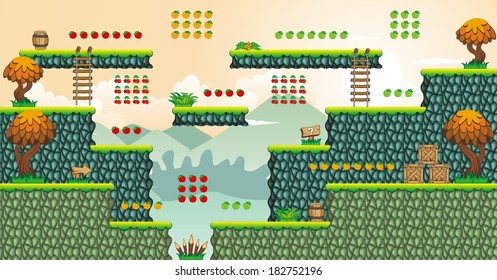 Tile set Platform for Game - A set of vector game asset, contains ground tiles and several items / objects / decorations, used for creating mobile games 