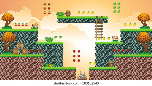 Tile set Platform for Game - A set of vector game asset, contains ground tiles and several items / objects / decorations, used for creating mobile games 