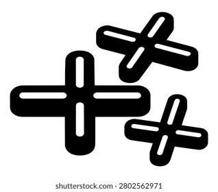 Tile spacers black silhouette icon isolated on white background. Minimal bold vector-style illustration of cross-shaped plastic spacers for tile installation, flooring, wall tiling, construction, renovation, sticker, decal, logo, label, and cutting file design.