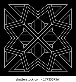 Tile square pattern design in silvery color lines and black background, fit for ceramic tile, textile, fabric, paper, background, decor.