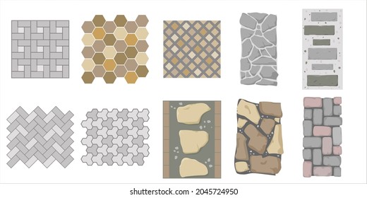 Tile for street pavement or park sidewalk. Road pattern street. Set of top view vector street pavements or park sidewalk road pattern street tile. Floor tiles with rock, brick and cobble stone texture