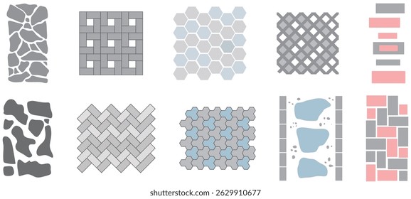 Tile for street pavement or park sidewalk. Road pattern street. Set of top view vector street pavements or park sidewalk road pattern street tile. Floor tiles with rock, brick and cobble stone texture