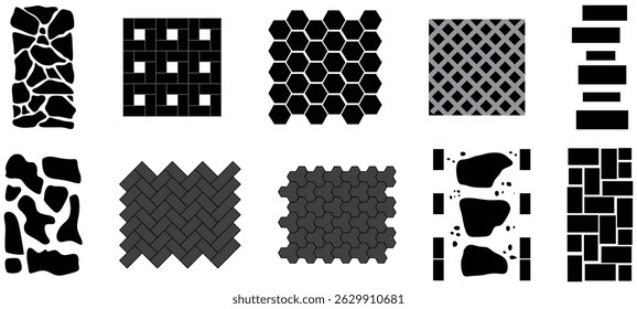 Tile for street pavement or park sidewalk. Road pattern street. Set of top view vector street pavements or park sidewalk road pattern street tile. Floor tiles with rock, brick and cobble stone texture