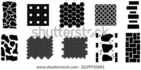 Tile for street pavement or park sidewalk. Road pattern street. Set of top view vector street pavements or park sidewalk road pattern street tile. Floor tiles with rock, brick and cobble stone texture