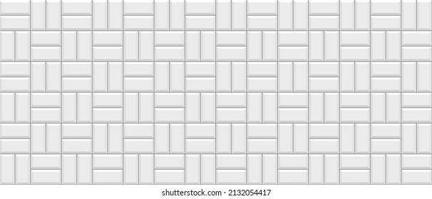 Tile subway wall. Seamless brick metro background. White kitchen backsplash. Ceramic pattern. Apron faience print. Cement texture. Retro rectangle brickwall. Vintage stone surface. Vector illustration