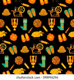 Tile texture with handmade wool products over dark. Vector illustration of craft products and items for felting.