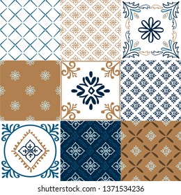 Tile traditional pattern set in spanish style. For bathroom, kitchen, swedish design. Vector illustration