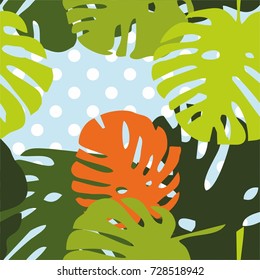 Tile tropical vector pattern with green exotic leaves