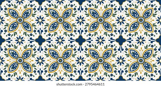 Tile tunisia pattern with blue and gold floral motifs on white background. Geometric shapes repeat in seamless design. Perfect for textiles, wallpaper, or decorative projects