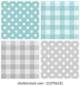 Tile vector baby blue and grey pattern set with polka dots and checkered plaid