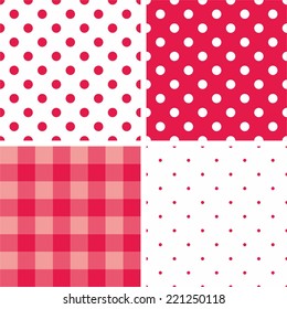 Tile vector baby pink pattern set with polka dots and checkered plaid