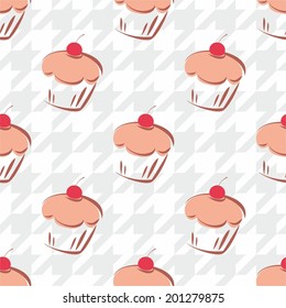 Tile vector background with cherry cupcake on white and grey houndstooth pattern